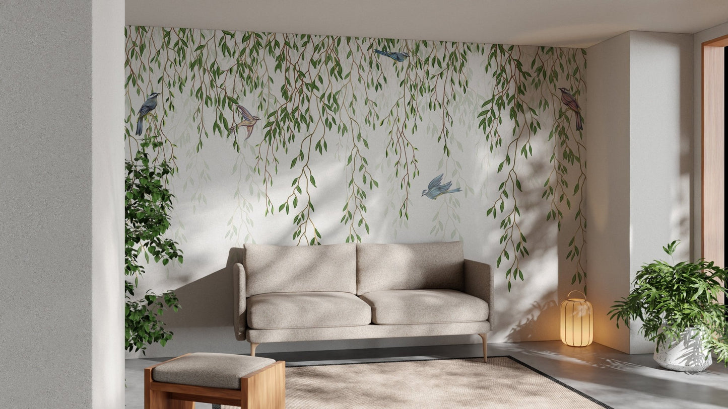 Peaceful Willow Branches and Birds Mural for living room.