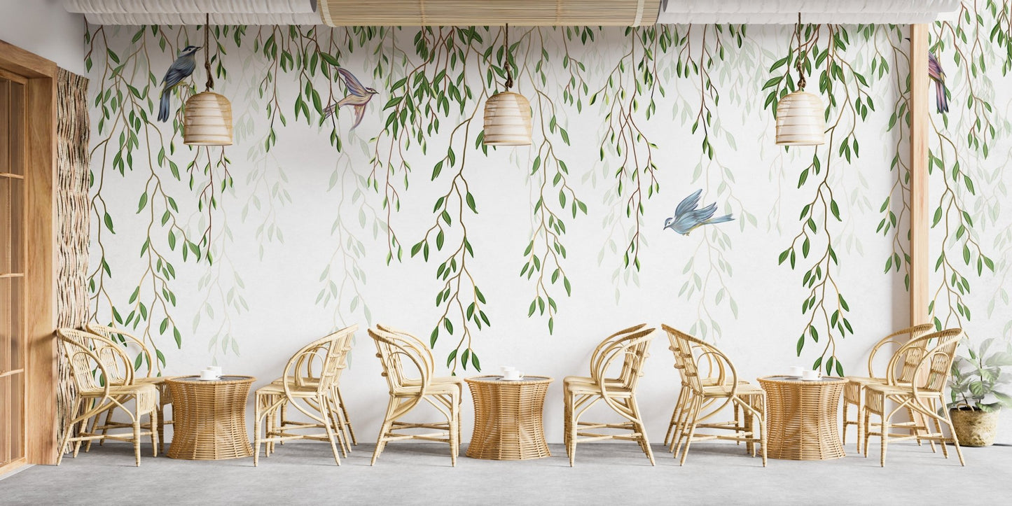 Serene Willow Branches with Birds Wall Mural in cafe area.