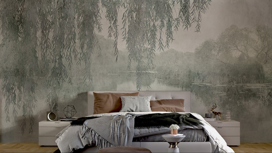 Serene wall mural of drooping willow branches above a lake for bedroom.