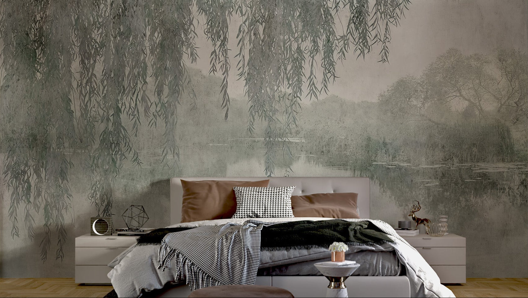 Serene wall mural of drooping willow branches above a lake for bedroom.