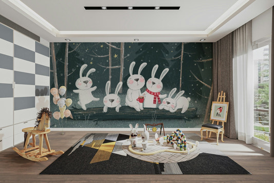 Cute bunny family wallpaper murals in a snowy forest.