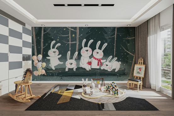 Cute bunny family wallpaper murals in a snowy forest.