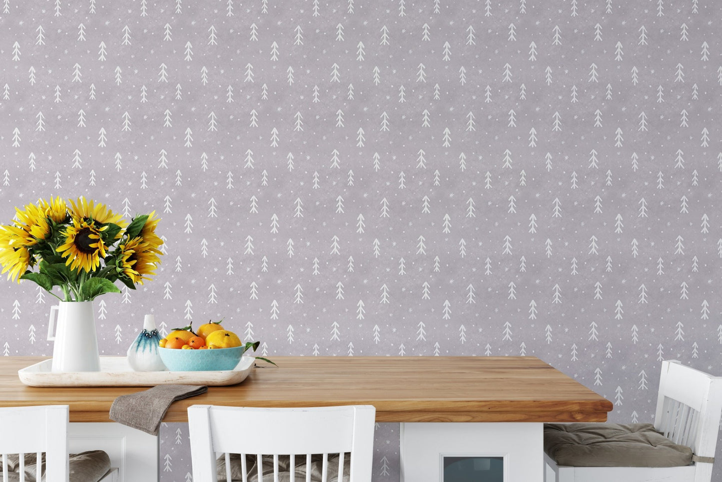 Winter forest wall mural with sunflowers on a wooden dining table.
