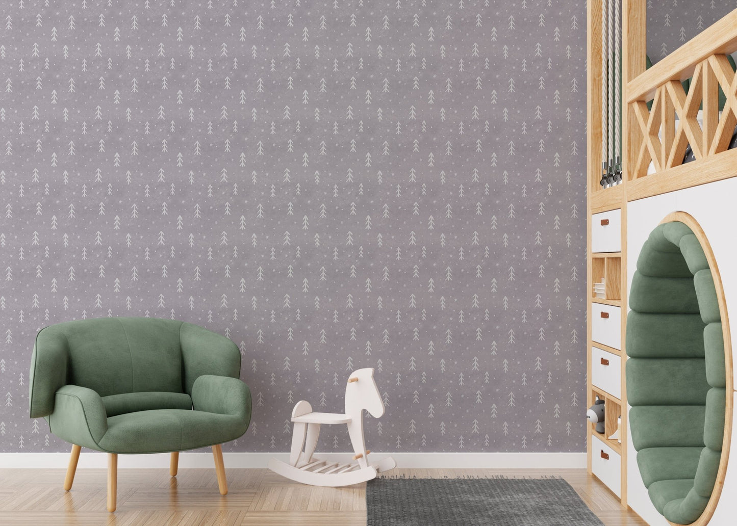 Playroom snowflakes wall mural with a green velvet chair and white rocking horse.
