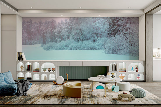 Winter landscape snow forest wallpaper with frosted trees and a soft pink sky.