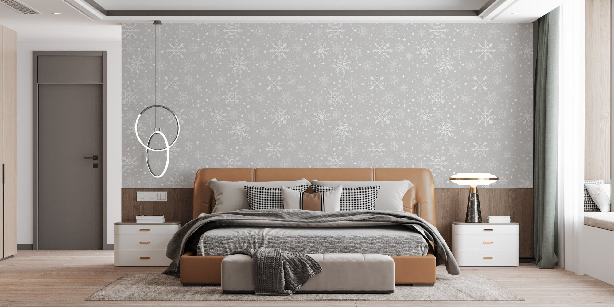 Modern bedroom with Winter Magic Gray Snowflake Patterns Wallpaper behind a brown bed.