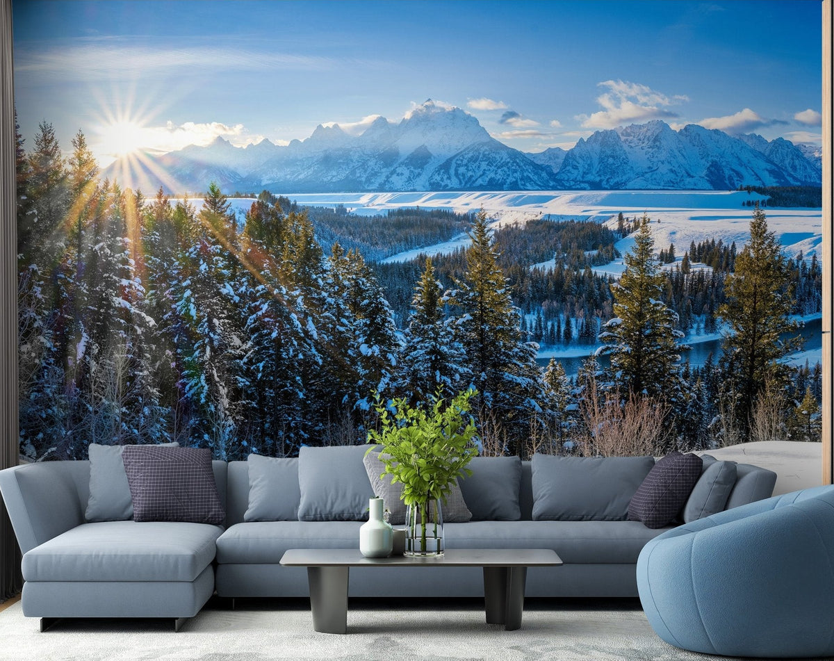 Frozen lake and mountain sunrise wallpaper wall mural.