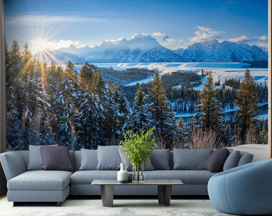 Frozen lake and mountain sunrise wallpaper wall mural.
