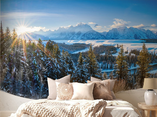 Crisp winter morning mountains wallpaper mural design.