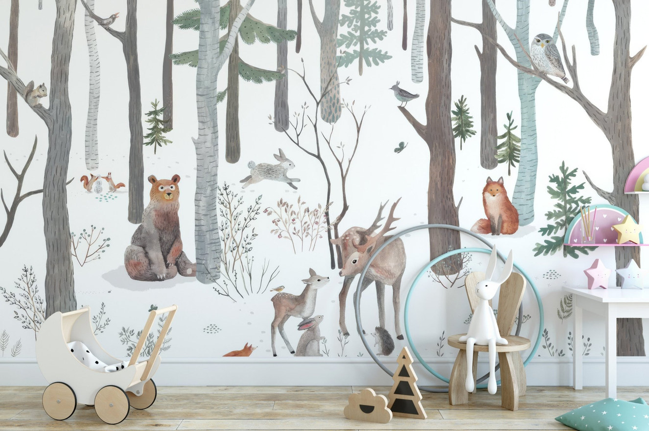 Winter wildlife wall mural with forest animals wallpaper.