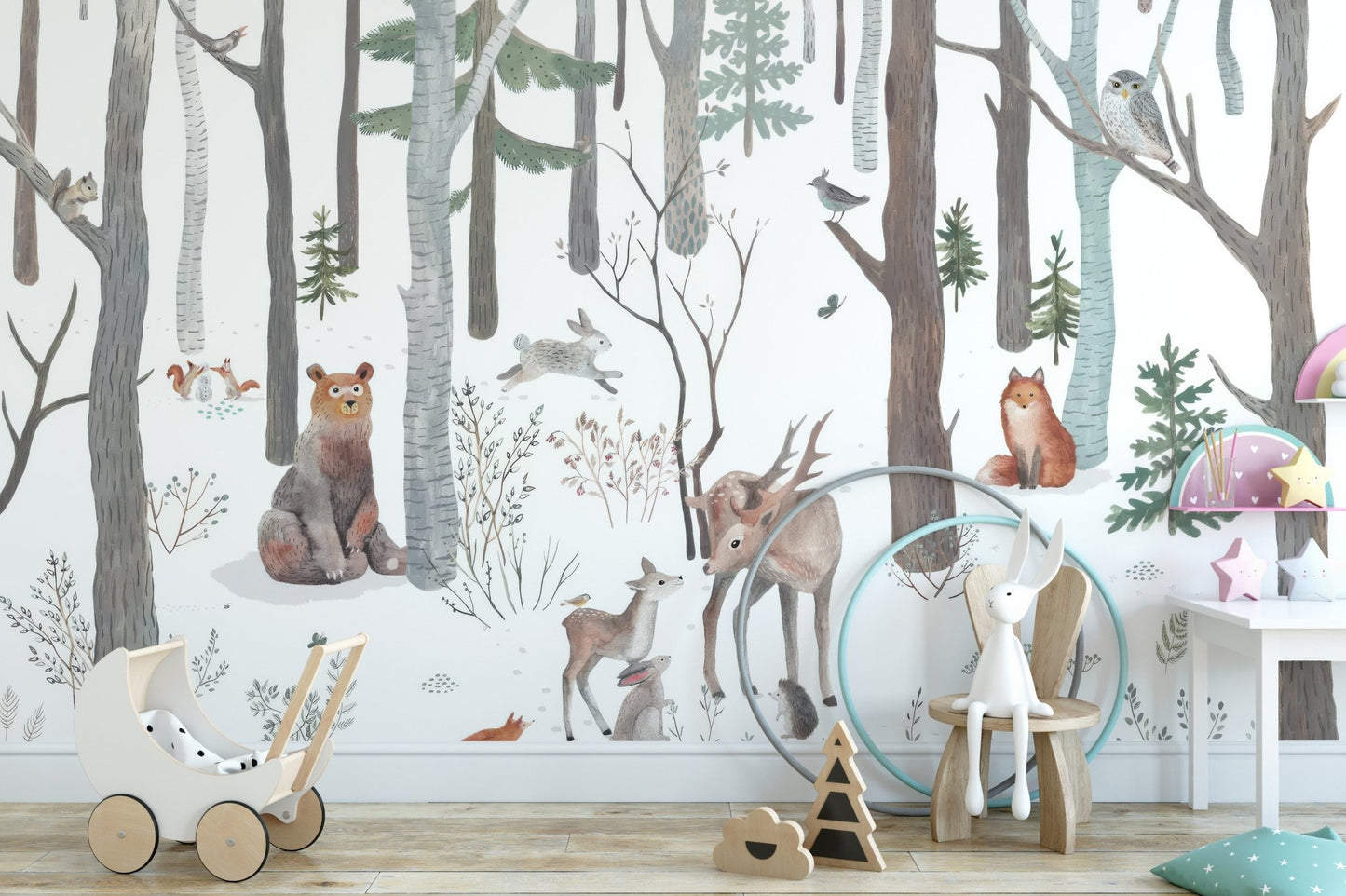 Winter wildlife wall mural with forest animals wallpaper.