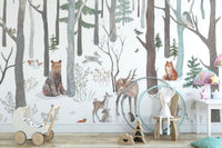Winter wildlife wall mural with forest animals wallpaper.