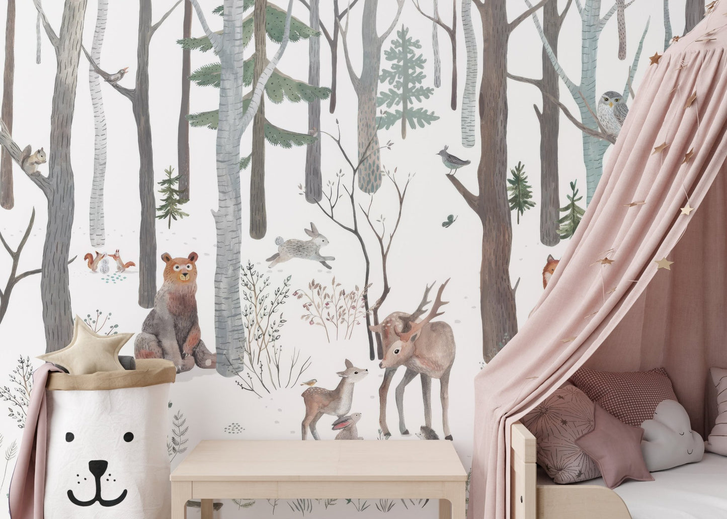 Rustic wildlife wallpaper mural with fox and owl design.