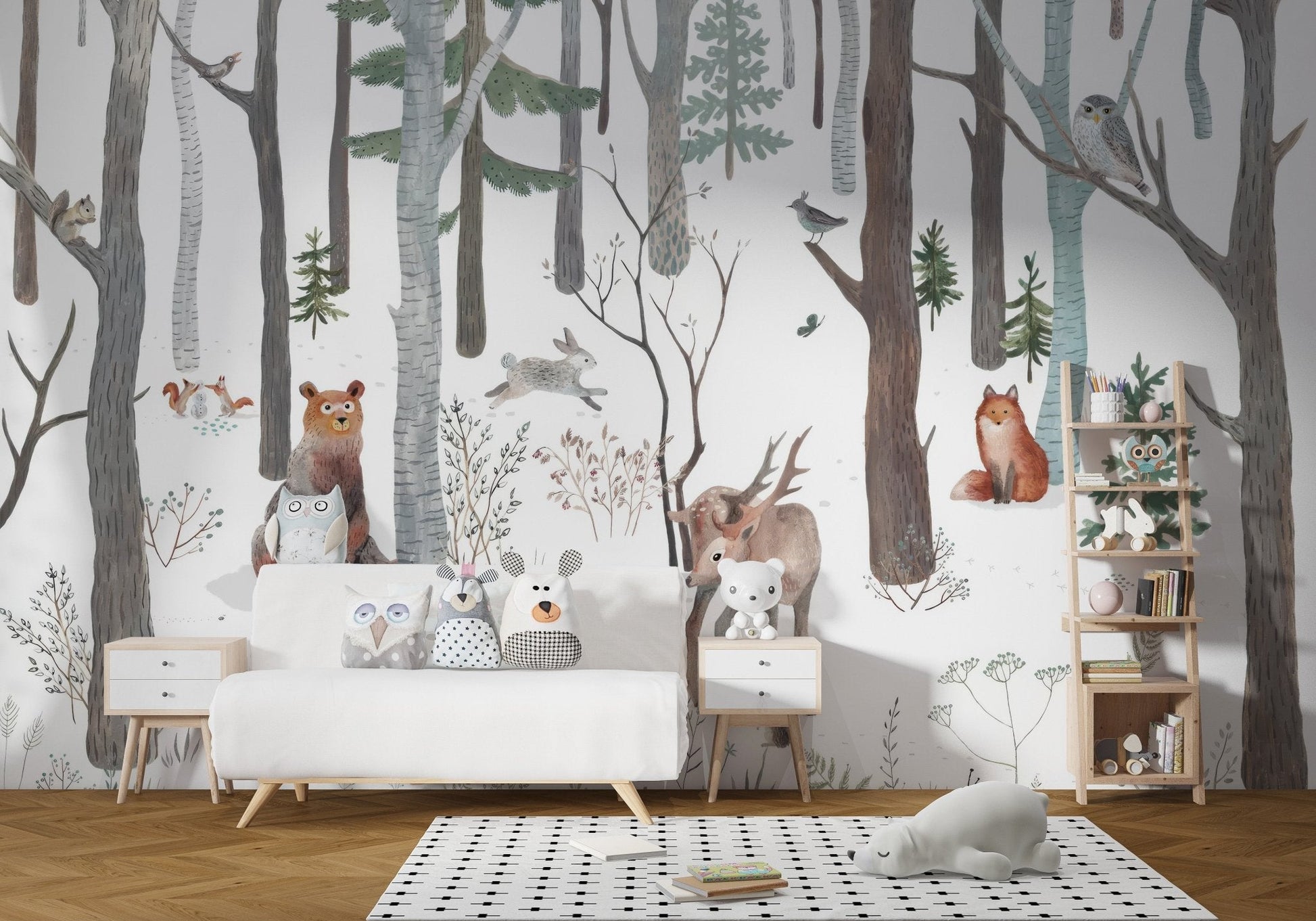 Minimal snowy forest wall mural with detailed animal artwork.