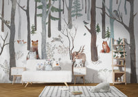 Minimal snowy forest wall mural with detailed animal artwork.