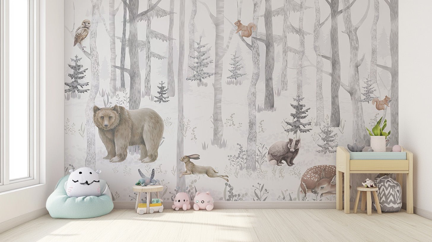 Winter wildlife wall mural forest animals wallpaper in soft gray tones.