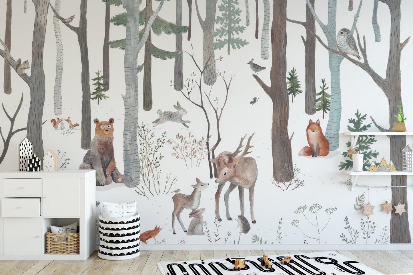 Contemporary wildlife wall mural with soft grey background wallpaper.