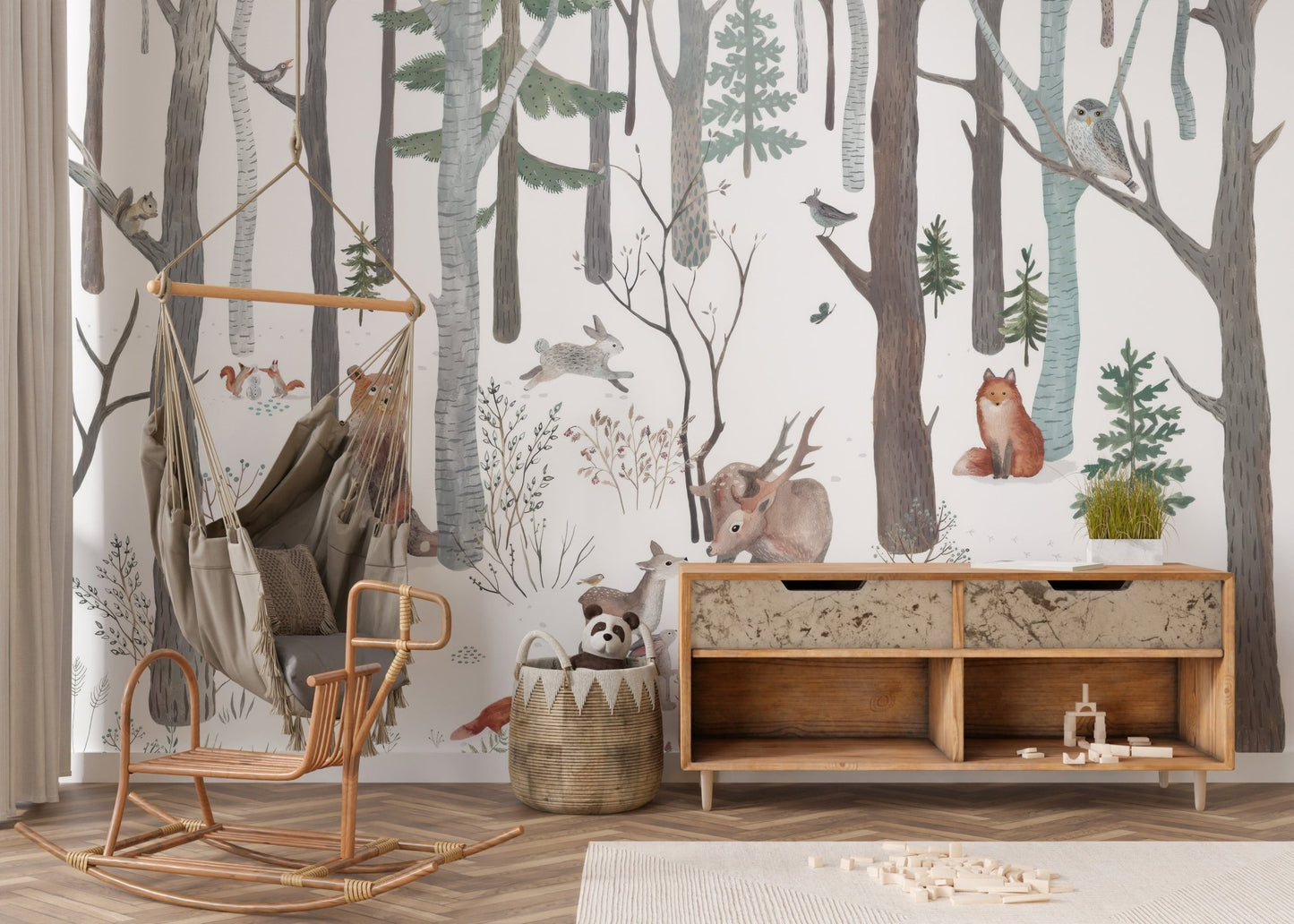Winter forest animals wall mural in soft neutral colors wallpaper.