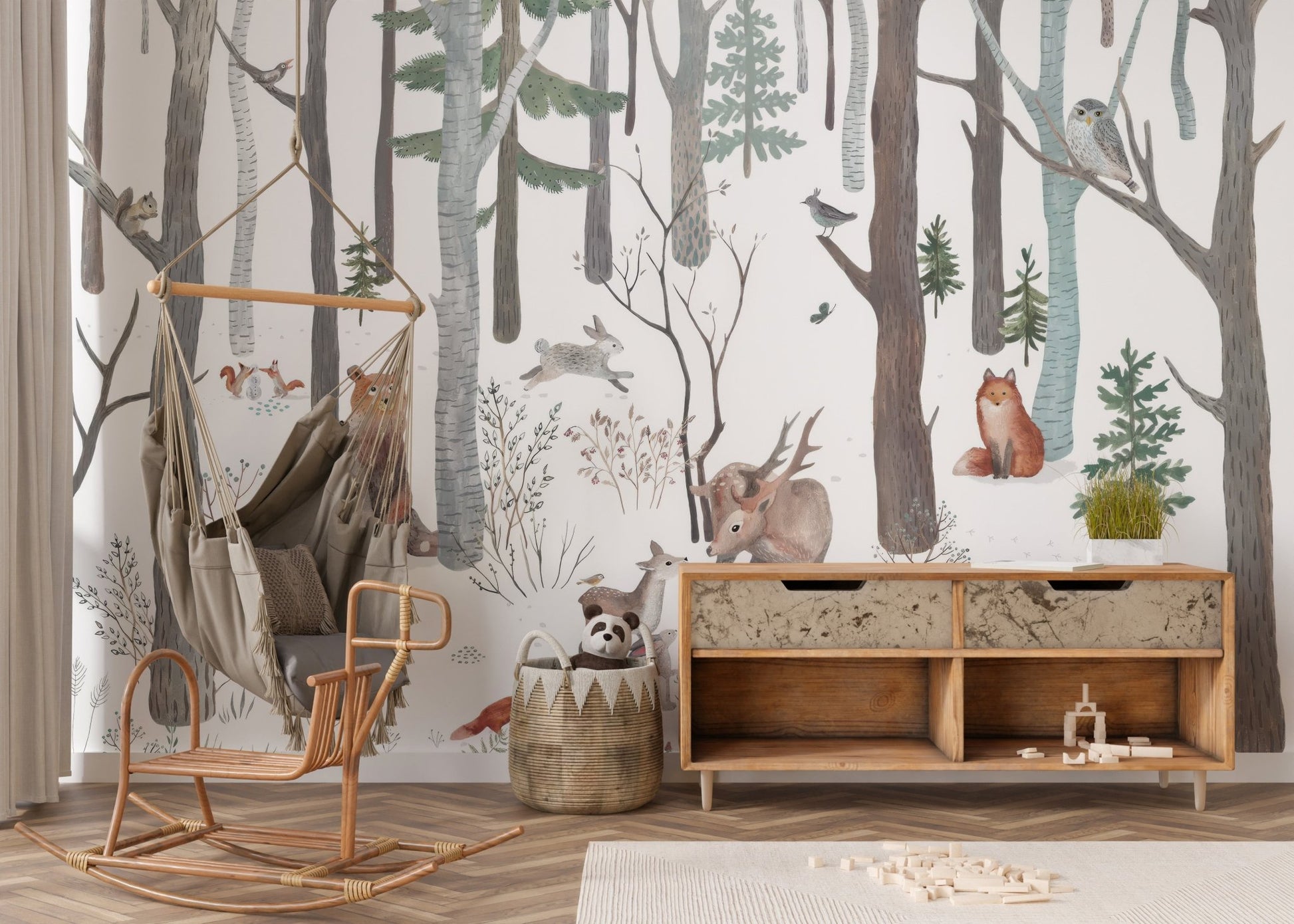 Winter forest animals wall mural in soft neutral colors wallpaper.