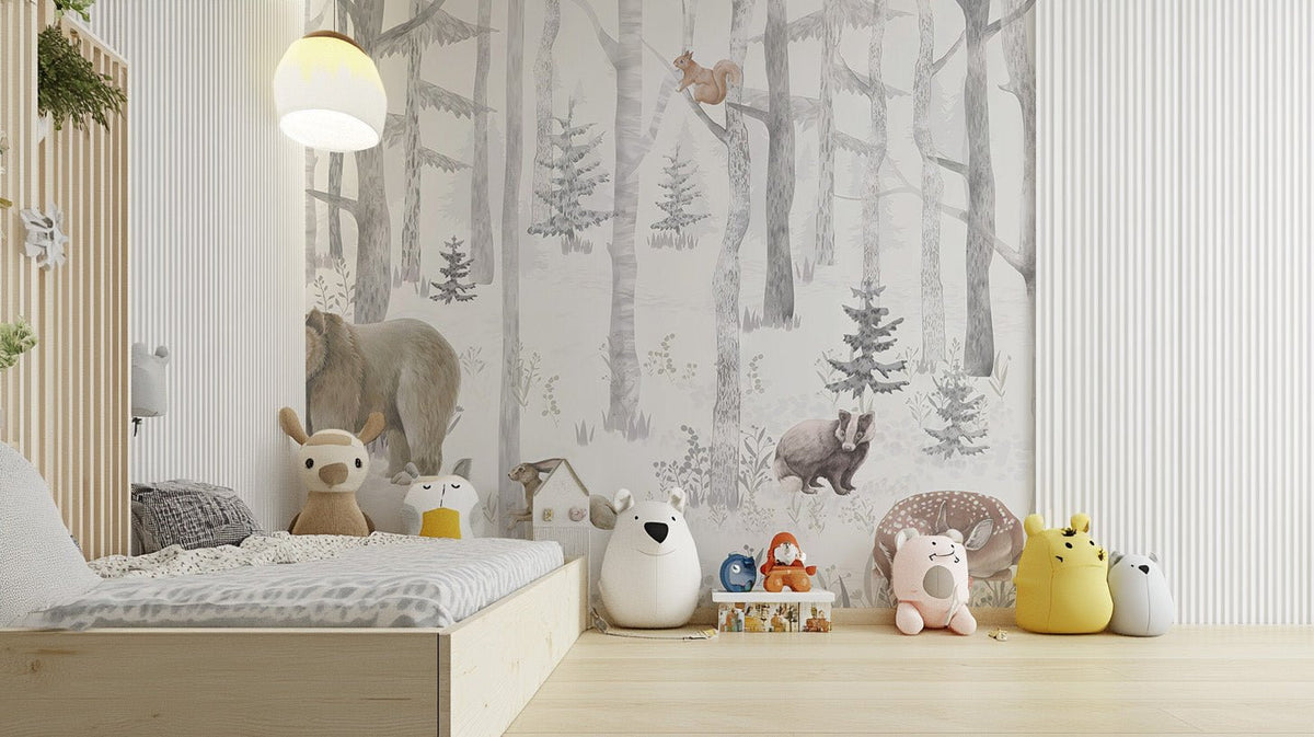Bear, hare and fox winter wildlife wallpaper wall mural.