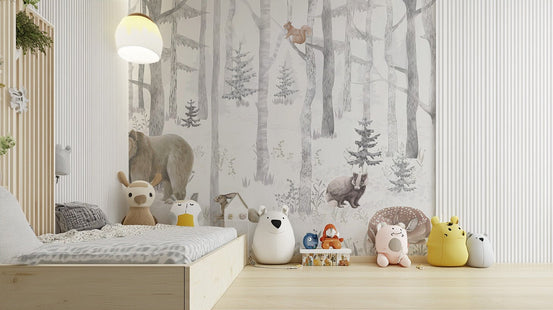 Bear, hare and fox winter wildlife wallpaper wall mural.