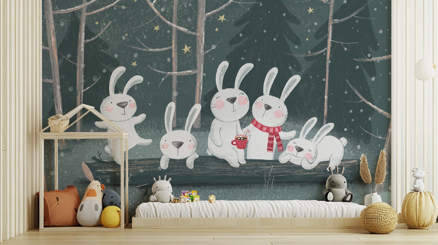 Winter wonderland rabbit wall mural with snowy forest and white bunnies.