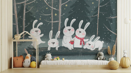 Winter wonderland rabbit wall mural with snowy forest and white bunnies.