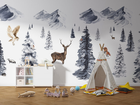 Blue and grey mountain wonderland wall mural with arctic owls.