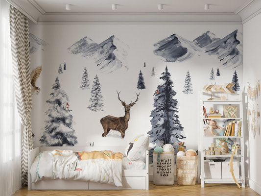 Winter wonderland wallpaper mural with watercolor deer and snowy peaks.