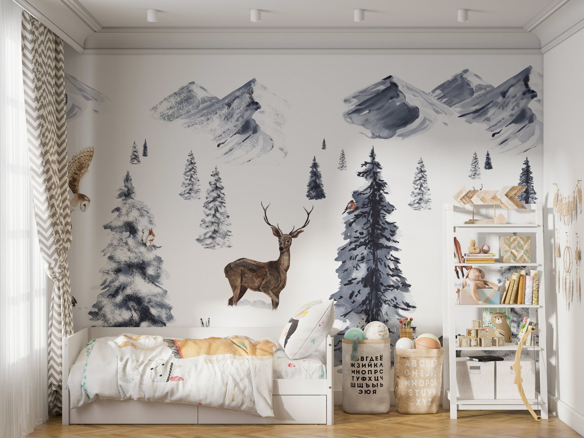 Winter wonderland wallpaper mural with watercolor deer and snowy peaks.