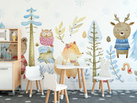 Wildlife-themed winter mural for a magical wonderland vibe in kids dining space.
