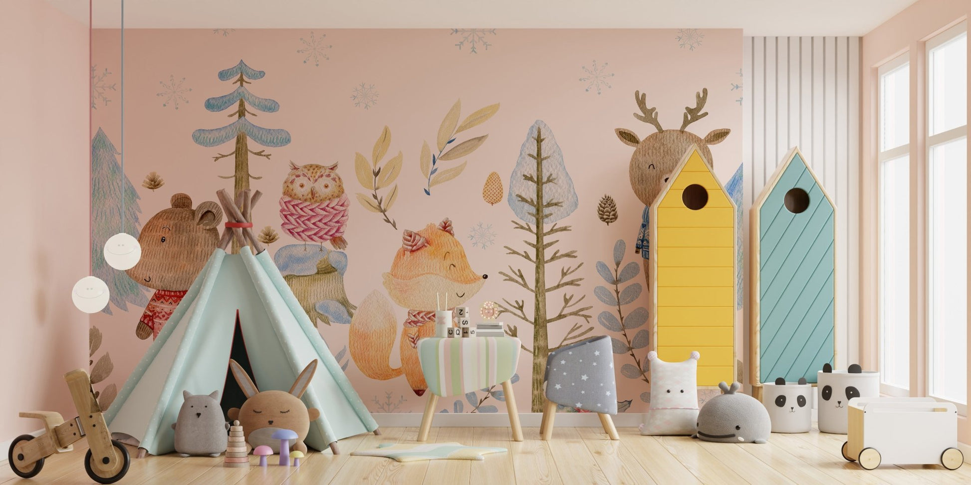 Winter wildlife wall mural for tranquil and seasonal decor in playroom.
