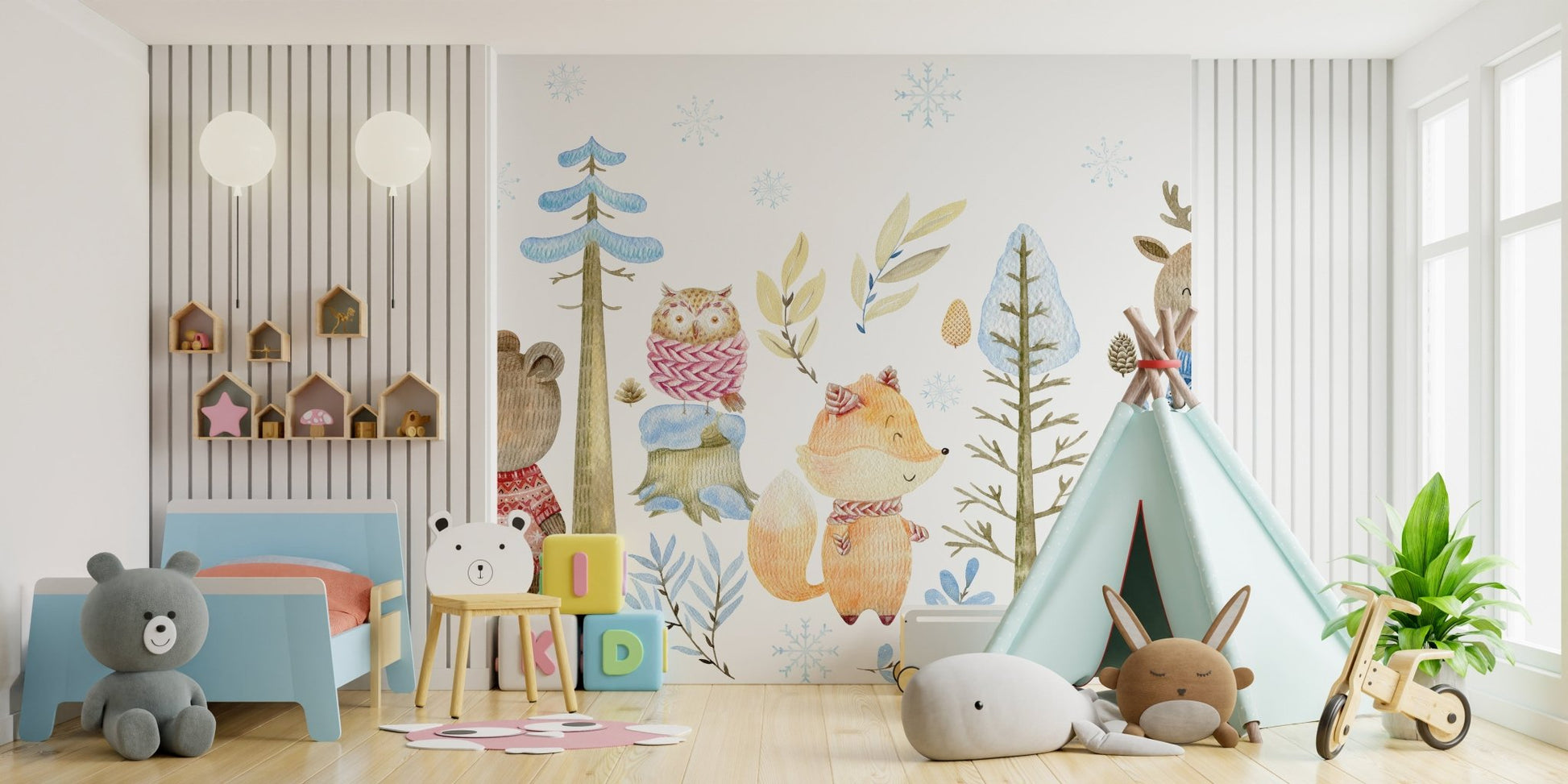 Serene winter wonderland mural with majestic forest animals in kids bedroom.
