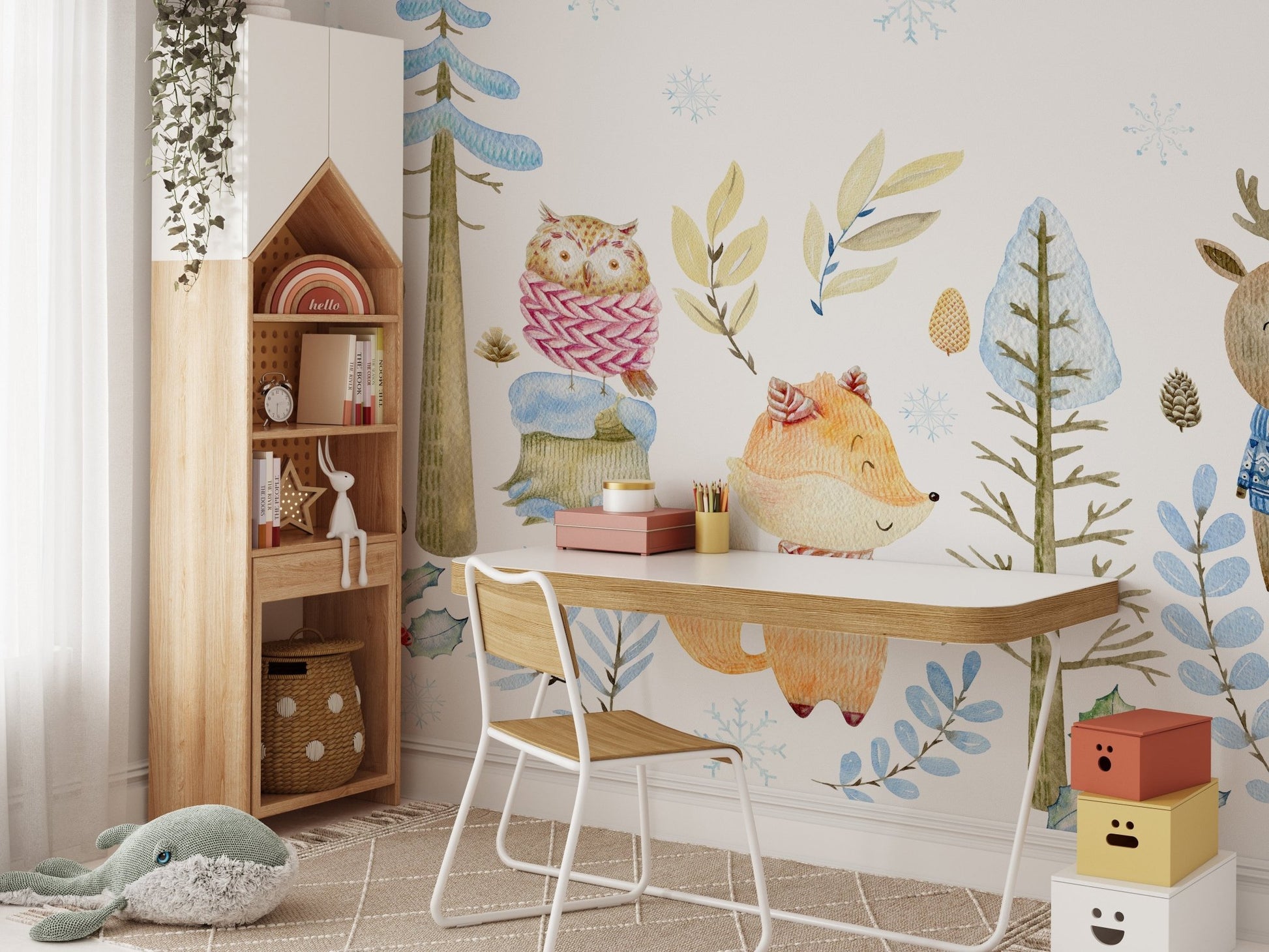 Winter wonderland mural bringing nature's beauty in kids study space.