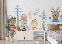 Stunning mural showcasing wildlife in a snowy wonderland in children bedroom.
