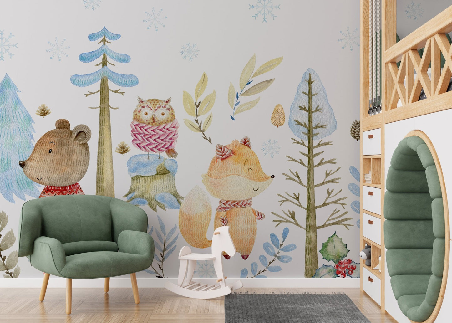 Winter wonderland wildlife mural adding elegance to nursery interiors.
