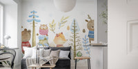 Wildlife mural with snowy landscapes for cozy winter living room.
