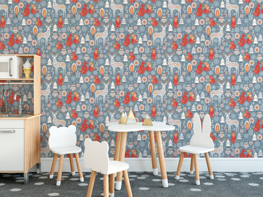 Winter Wonderland with Deer and Fox Wallpaper in a play area with white furniture.