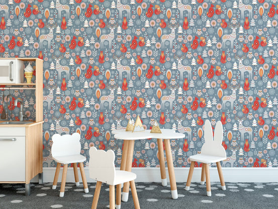 Winter Wonderland with Deer and Fox Wallpaper in a play area with white furniture.