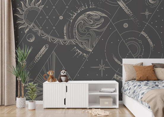 Kids' bedroom with white bed and grey witchcraft patterns design wall murals.
