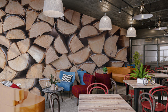 Wood heating fuel shortage wall mural for a warm and organic interior style.
