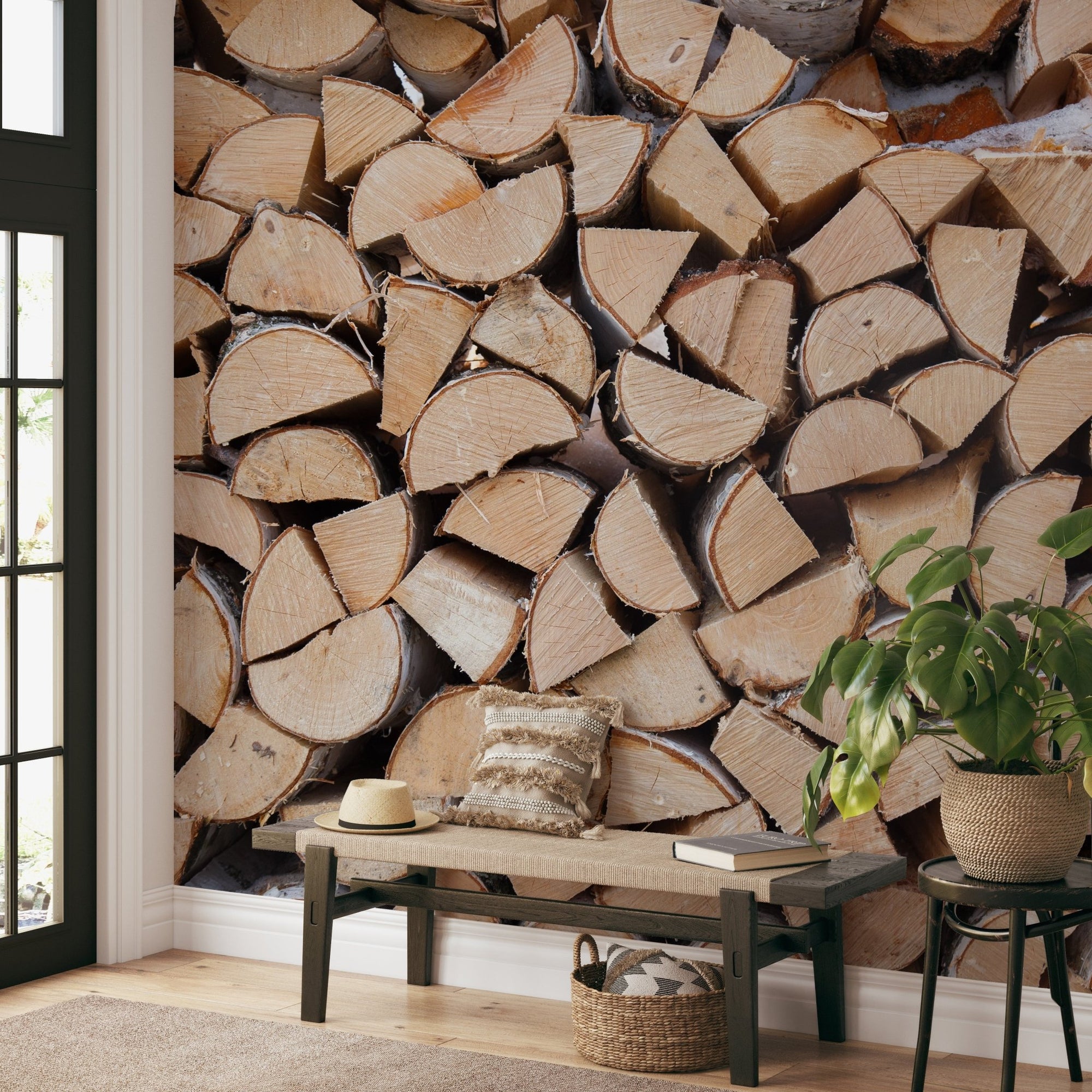 Wood heating fuel shortage wallpaper featuring a stack of natural birch logs.
