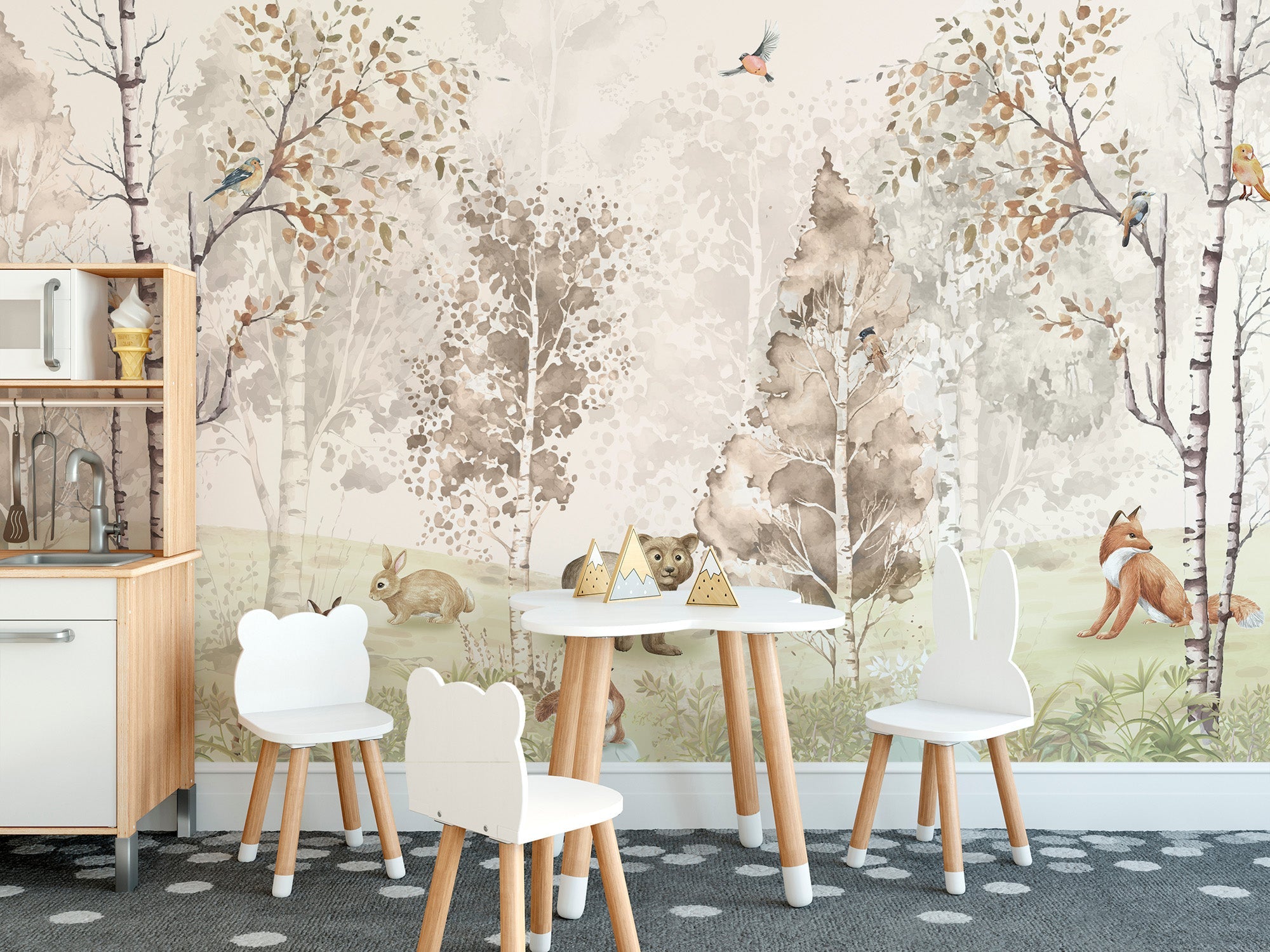 Woodland animals wall mural with watercolor forest and brown bear wallpaper.