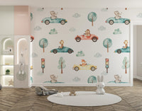 Woodland car pattern wallpaper in soft pastel color palette.