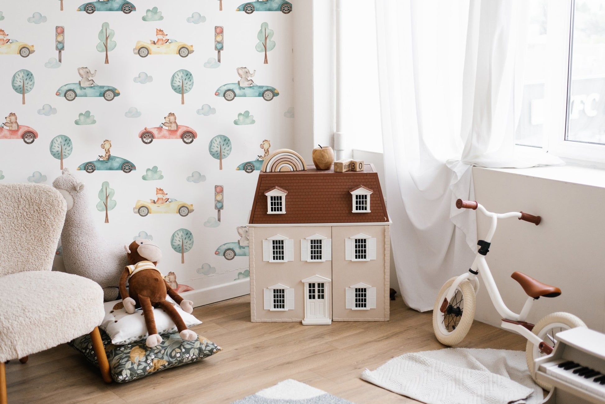 Cartoon animal cars wallpaper in muted green and coral color.