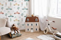 Cartoon animal cars wallpaper in muted green and coral color.