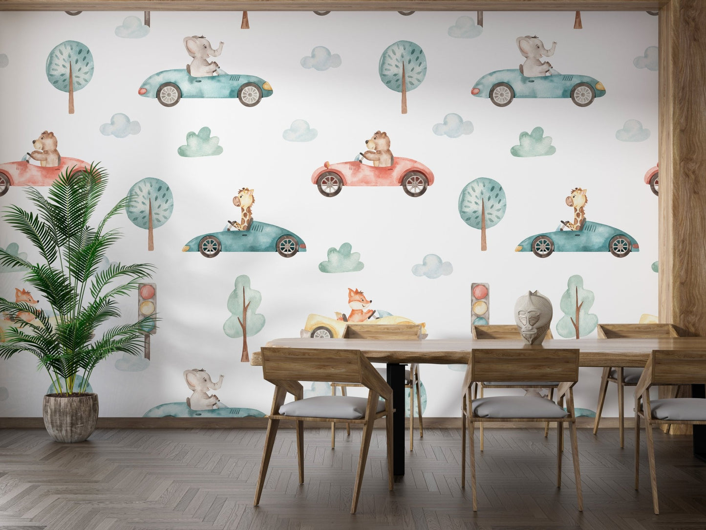 Woodland race theme wallpaper with fox and bear cars.
