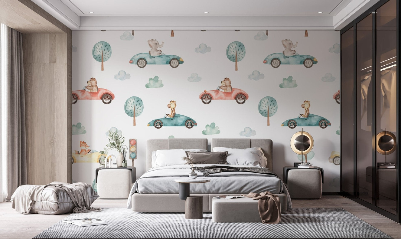 Woodland creatures race scene wallpaper with pastel animal cars.