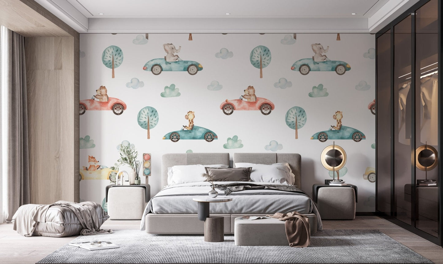 Woodland creatures race scene wallpaper with pastel animal cars.