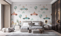 Woodland creatures race scene wallpaper with pastel animal cars.